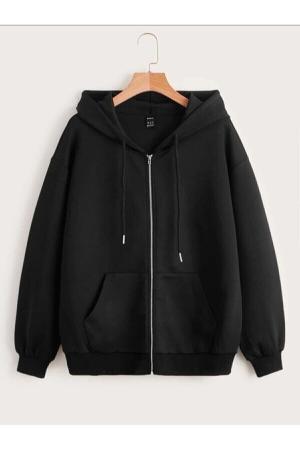 Hooded Black Zippered Oversize Seasonal Sweatshirt