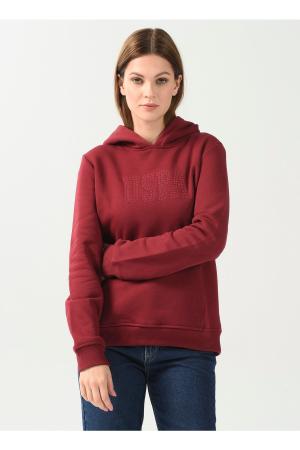 Hooded Collar Printed Red Women's Sweatshirt