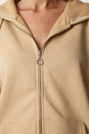 Women's Camel Hooded Zipper Oversize Sweatshirt