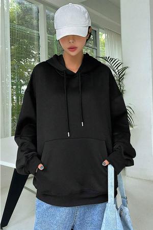 Women's Black Plain Hooded Oversize Sweatshirt