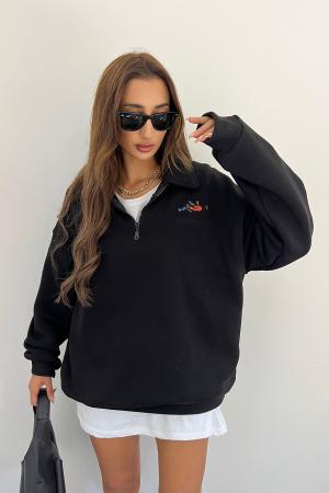 Unisex Black Polo Collar Oversize Sweatshirt