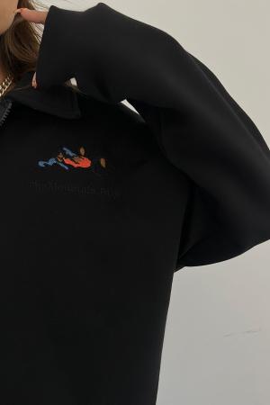 Unisex Black Polo Collar Oversize Sweatshirt