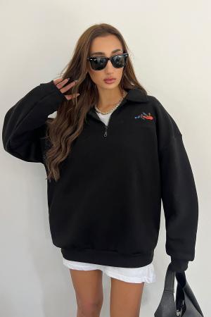 Unisex Black Polo Collar Oversize Sweatshirt