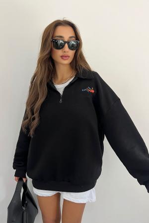 Unisex Black Polo Collar Oversize Sweatshirt