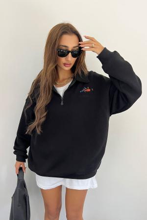 Unisex Black Polo Collar Oversize Sweatshirt