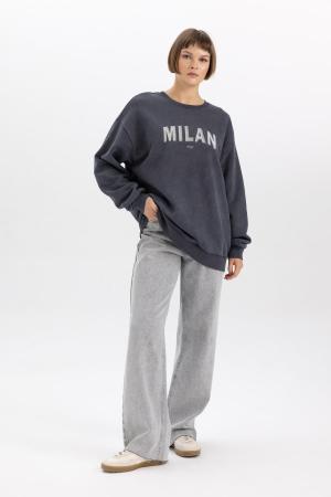 Relax Fit Crew Neck Thick Washed Faded Effect Sweatshirt