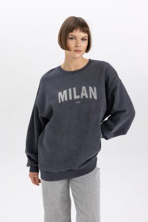 Relax Fit Crew Neck Thick Washed Faded Effect Sweatshirt