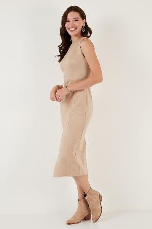 Fitted Slit Woven Suede Midi Dress DRESS