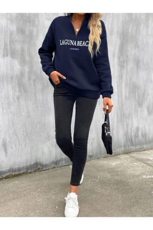 Women's Navy Blue Half Zipper Laguna Beach Printed Stand Collar Sweatshirt