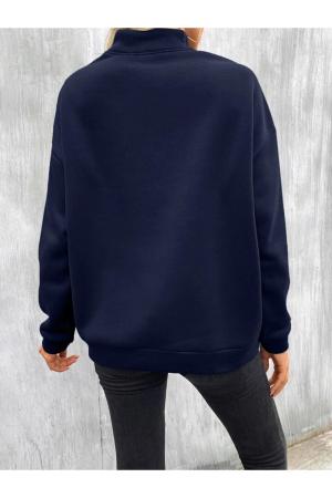 Women's Navy Blue Half Zipper Laguna Beach Printed Stand Collar Sweatshirt