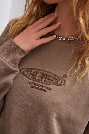 Brown Oversize Faded Effect Embroidered Crew Neck Fleece Sweatshirt