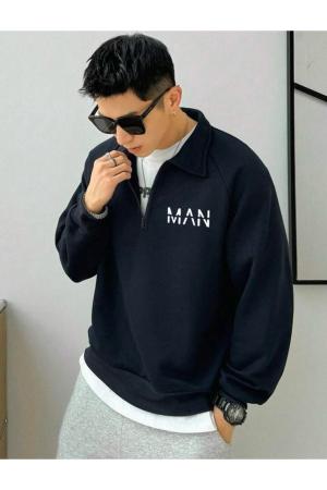 Blue Stand Collar  Pullover Sweatshirt