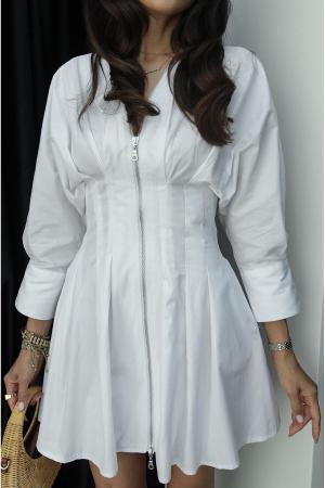 White Darted Zipper Dress