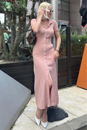 Powder Buttoned V Neck Long Knit Dress