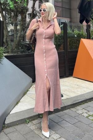 Powder Buttoned V Neck Long Knit Dress