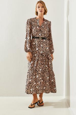 Women's Button Closure Leopard Patterned Polka Dot Long Dress