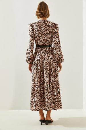 Women's Button Closure Leopard Patterned Polka Dot Long Dress