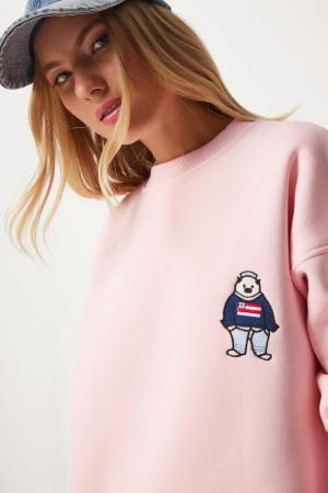 Women's Pink Embroidered Crest Raised Oversize Sweatshirt