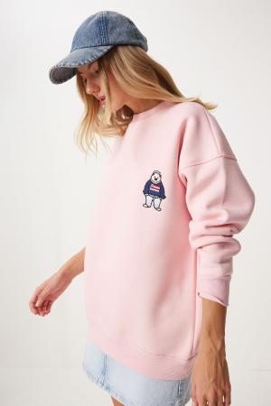 Women's Pink Embroidered Crest Raised Oversize Sweatshirt