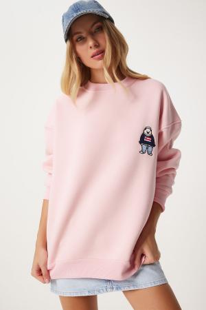 Women's Pink Embroidered Crest Raised Oversize Sweatshirt