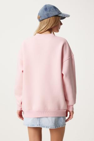 Women's Pink Embroidered Crest Raised Oversize Sweatshirt