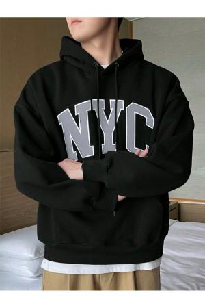 Unisex Black NYC Custom Printed Cotton Oversize Hooded Sweatshirt