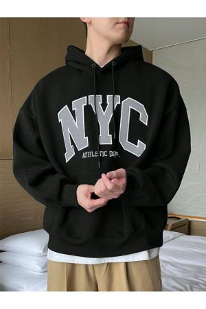 Unisex Black NYC Custom Printed Cotton Oversize Hooded Sweatshirt