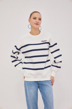 Striped Embroidered Three Thread Sweat WHITE-DARK BLUE