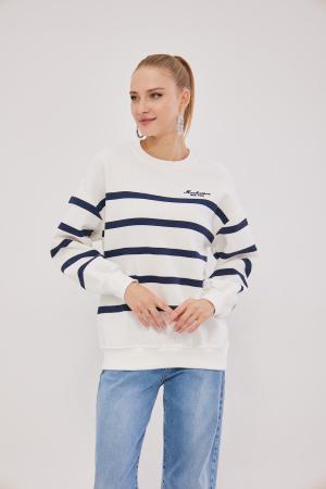 Striped Embroidered Three Thread Sweat WHITE-DARK BLUE