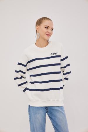 Striped Embroidered Three Thread Sweat WHITE-DARK BLUE