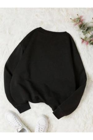 Shy Teddy Bear Printed Crew Neck Black Women's Sweatshirt